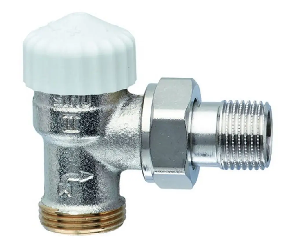 Thermostat-Ventilunterteil in Eckform aus Metall mit weißem Griff, zur Verwendung im Heizungsbau, hergestellt von IMI Hydronic Engineering.